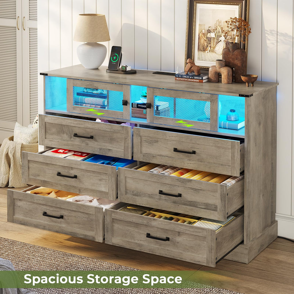 6 Drawer with LED Lights and Charging Station, Farmhouse Chest of Drawers Closet Organizer, Clothes Storage Cabinet