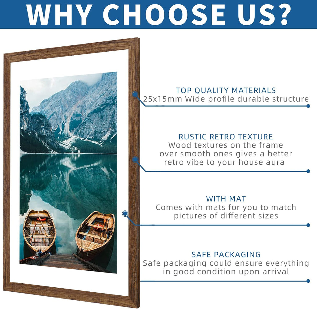 24x36 Poster Frame Set of 2, Rustic Brown Wood Style - Display 20x30 Picture with Mat or 24 x 36 Poster without Mat