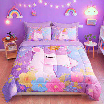 Twin Comforter Set for Girls 5 Piece Unicorn Bedding Set for Girls Super Soft Microfiber Bed Set Bed in a Bag with