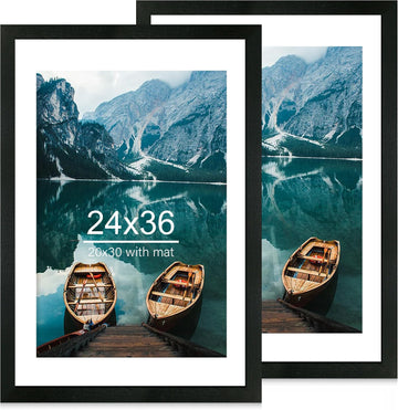 24x36 Poster Frame Set of 2, Rustic Black Wood Style - Display 24 x 36 Poster without Mat or 20x30 Picture with Mat