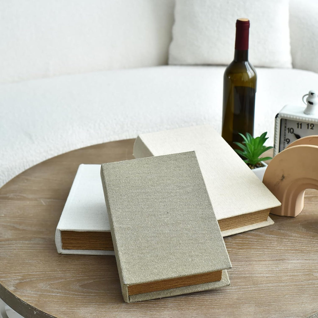 Modern Linen and Wood Decorative Faux Book Boxes Set of 3,10", Taupe,Beige,Off White