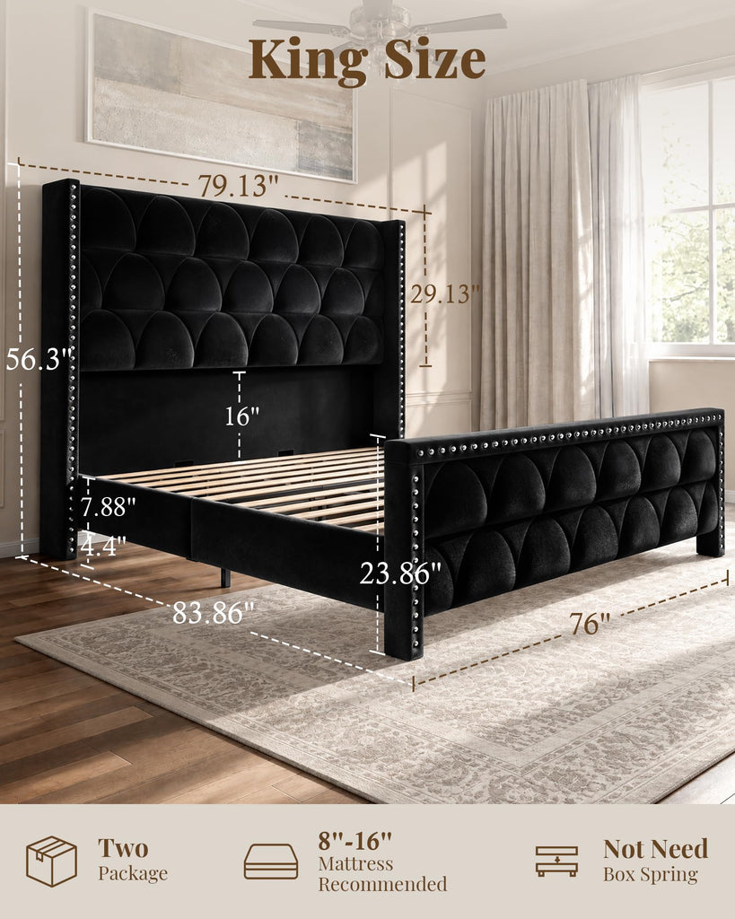 King Size Bed Frame with 56" Headboard - Velvet Upholstered Wingback Platform Bed Frame, Noise Free, Sturdy Wooden