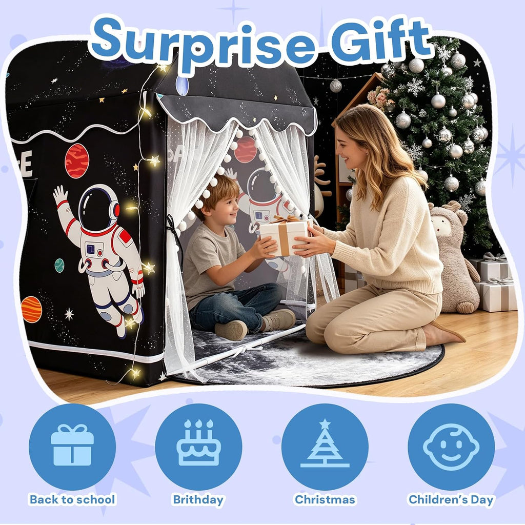 Large Kids Tent Playhouse Padded Mat with Star Lights and Flags, Spaceship Play Tent, Astronaut Rocket Ship Teepee