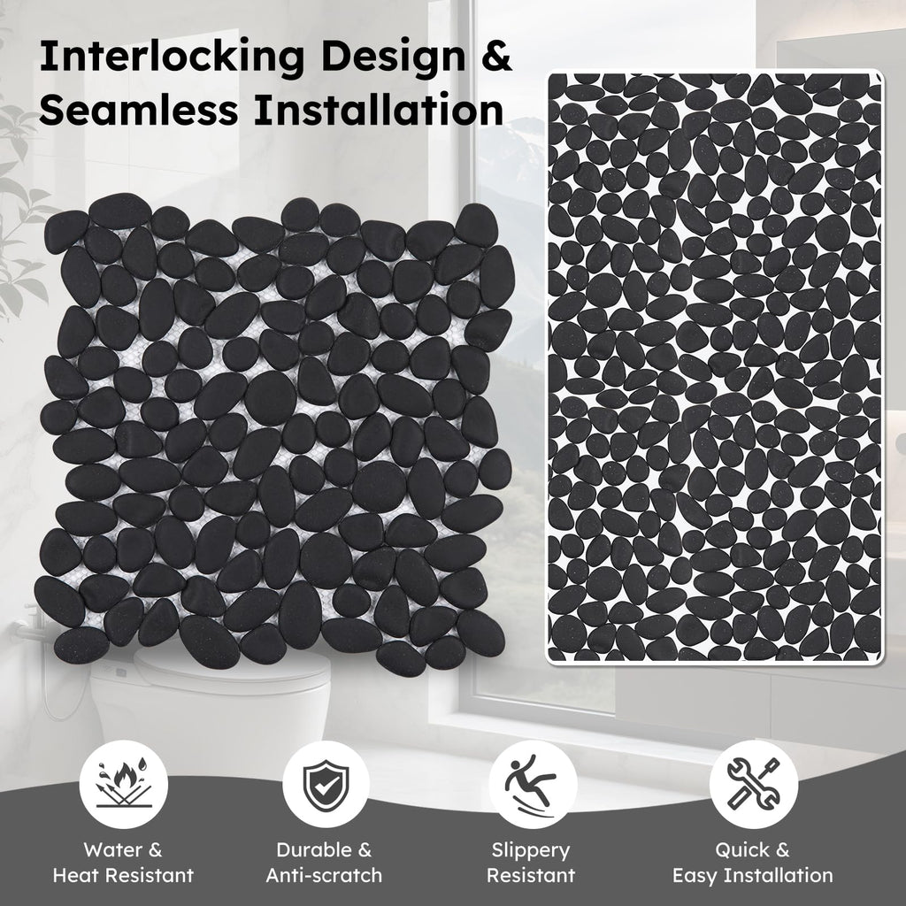 Pebble Tile for Shower Floor, Black Oval Tumbled, 5 Sheets