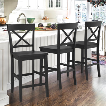 Bar Stools Set of 3, 24" Wooden Barstools with X Back, Black