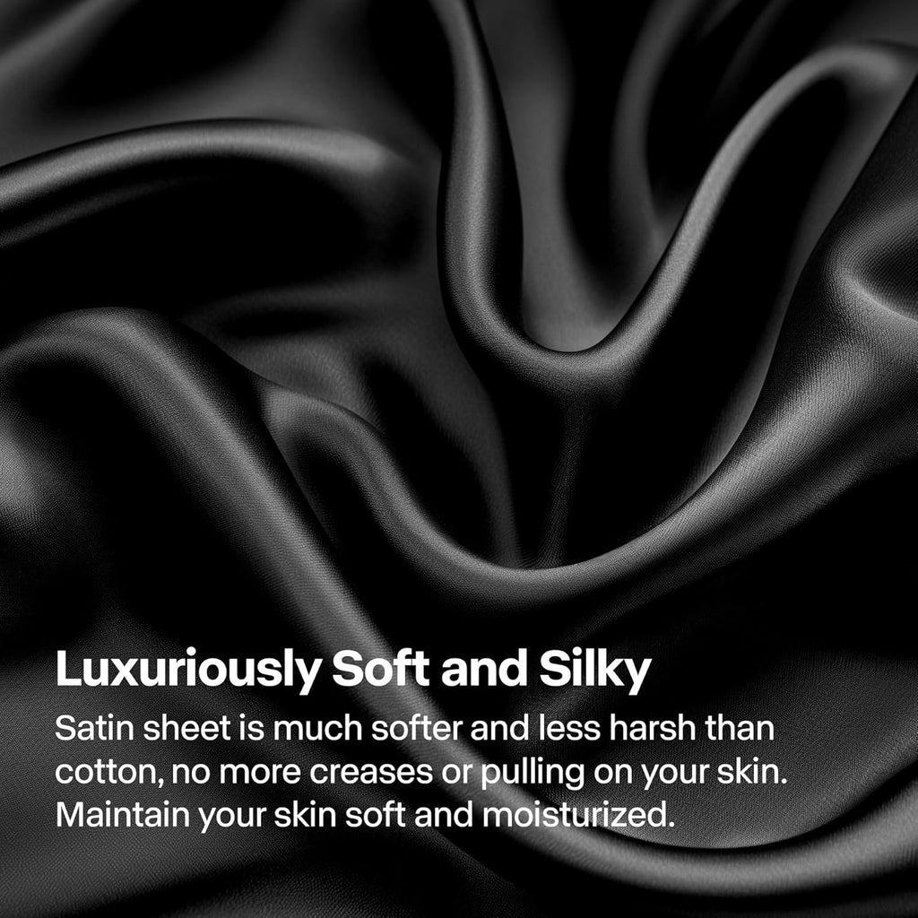 Satin Sheets Queen Bed Set, Luxury Soft Black Silky Sheets for Hair and Skin, Similar to Silk Bed Sheets Set 4 Pieces