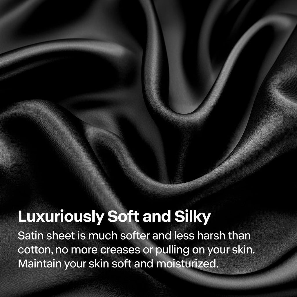 Satin Sheets Full XL Size Bed Set, Black, 4 Pieces