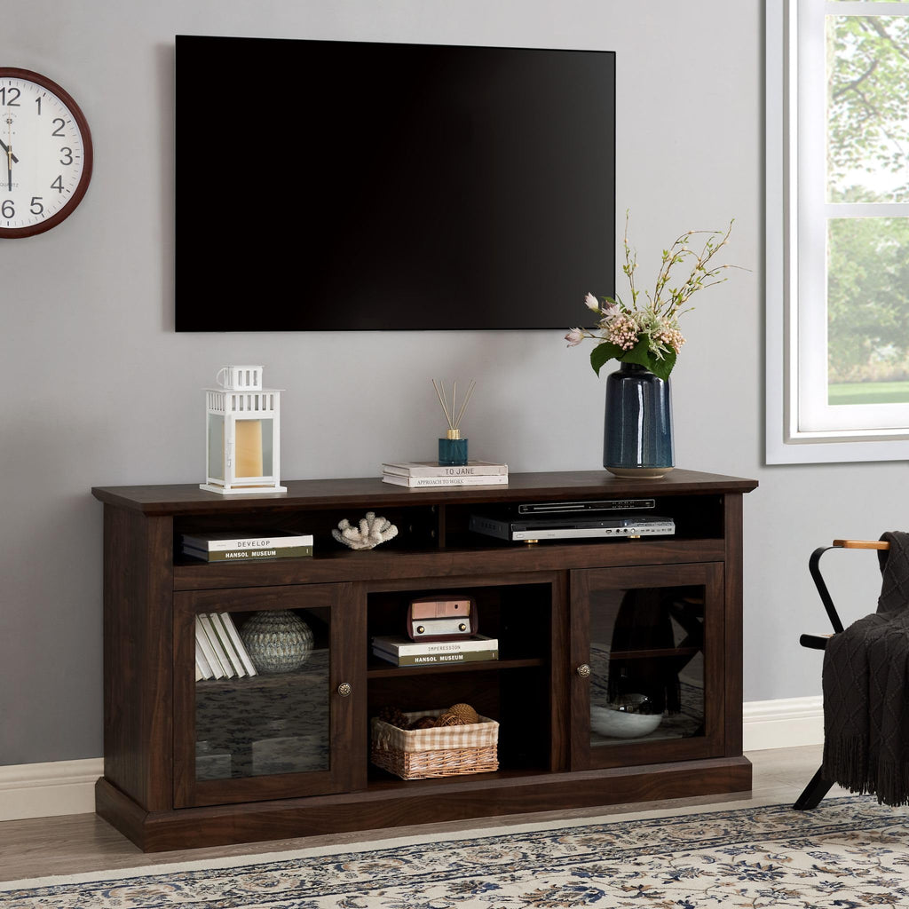 Traditional TV Stand with Glass Doors, 60''W Media Entertainment Center for TVs up to 65'', Entertainment Console