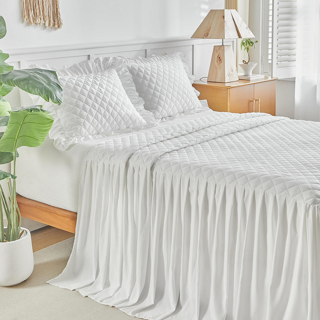 Ruffle Skirt Bedspread Set - 30" Long Drop - Vintage Chic Ruffled Summer Coverlet Bed Spreads Quilt Boho Bedding