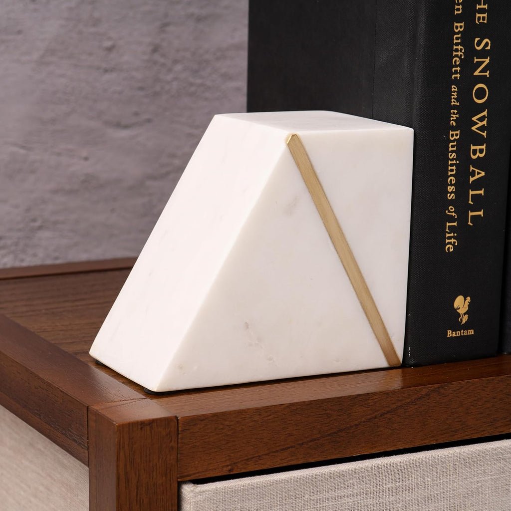 White Marble Bookends with Gold Brass, White, Set of 2 | Heavy Book Ends for Shelves, Solid Stone Bookshelf Decor
