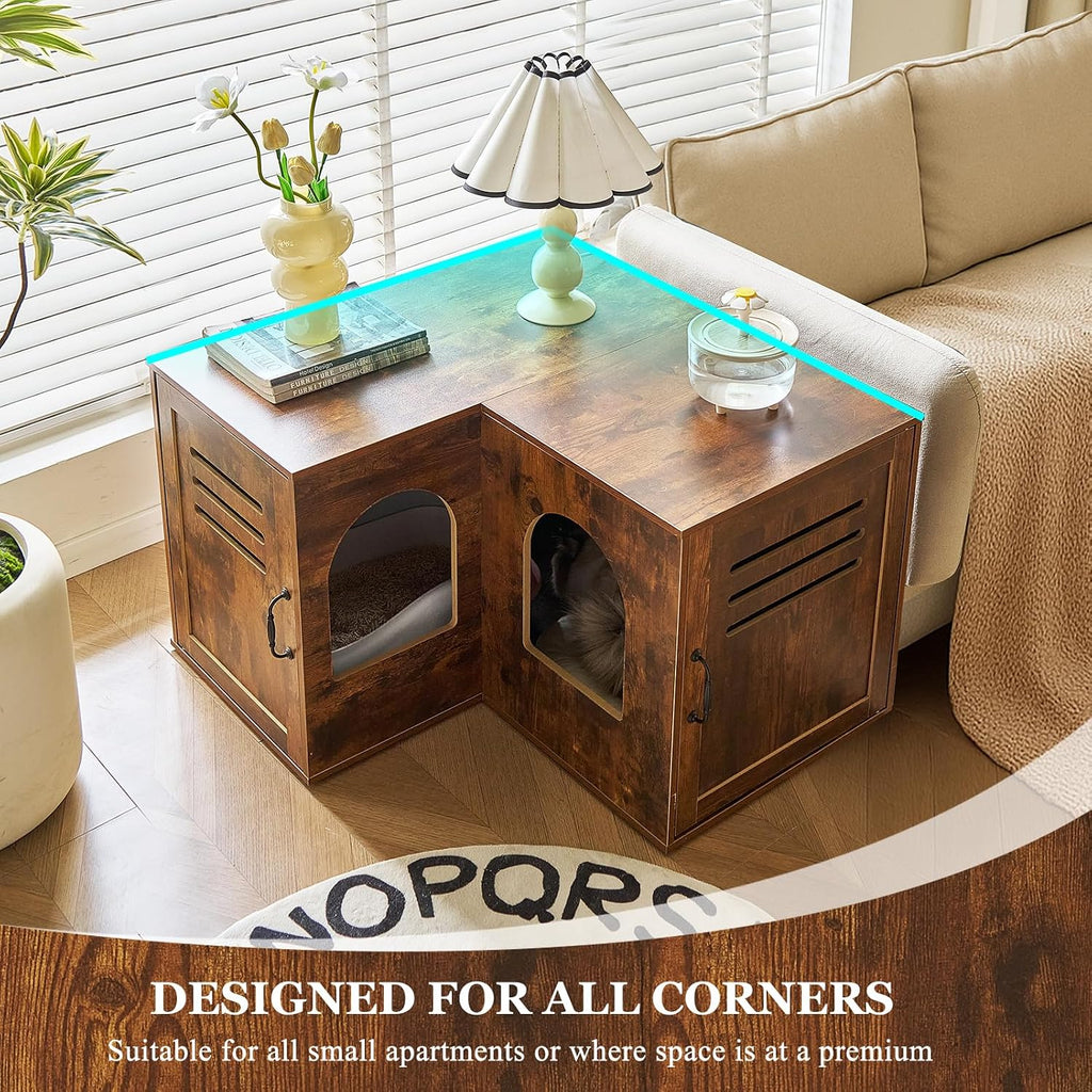 31.5in Corner Cat Litter Box Enclosure with Double Room, Brown
