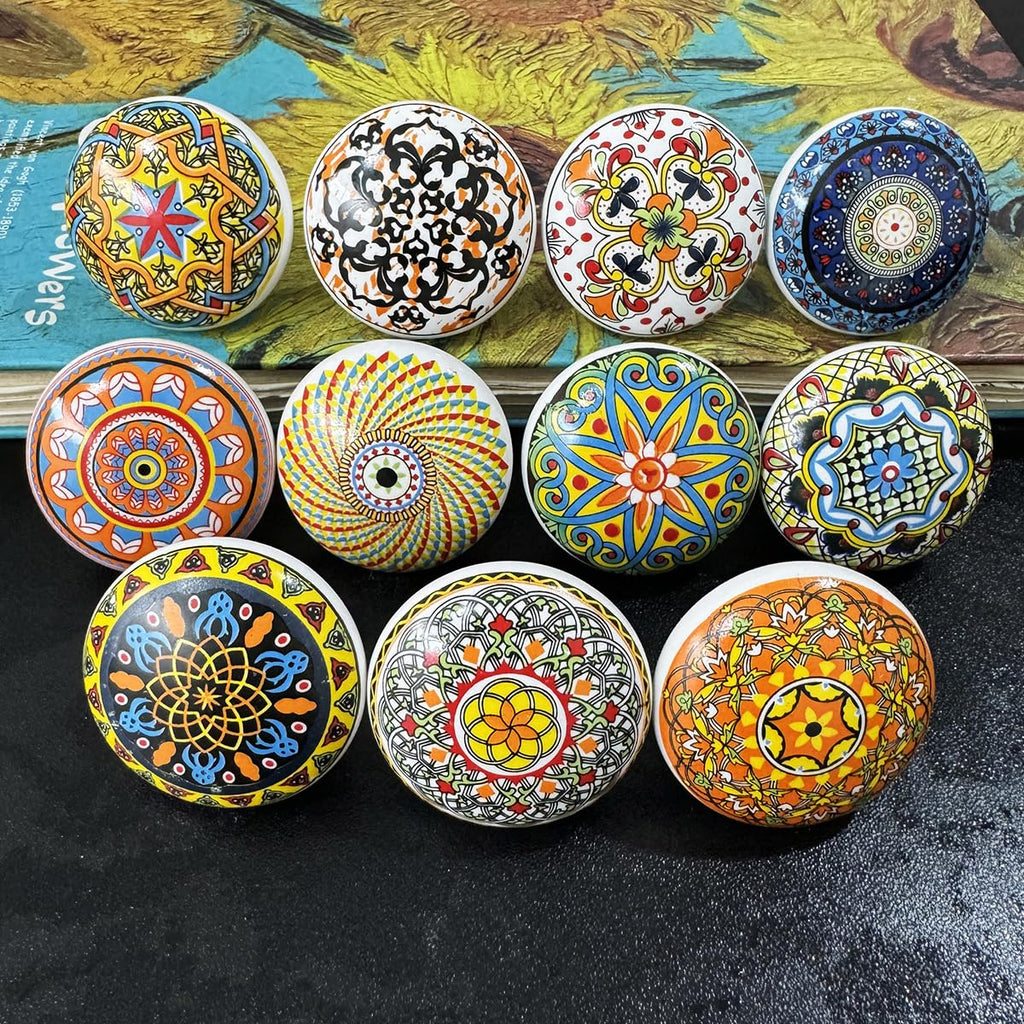 Bohemian Ceramic Knobs - 10Pcs Round Porcelain Knobs - Exquisite Ceramic Bohemian Handles - Bohemian Style Cabinet