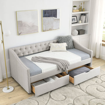 Upholstered Twin Daybed with Two Storage Drawers, Twin Size Button Tufted Sofa Bed Daybed with Nailhead Trim and Wood