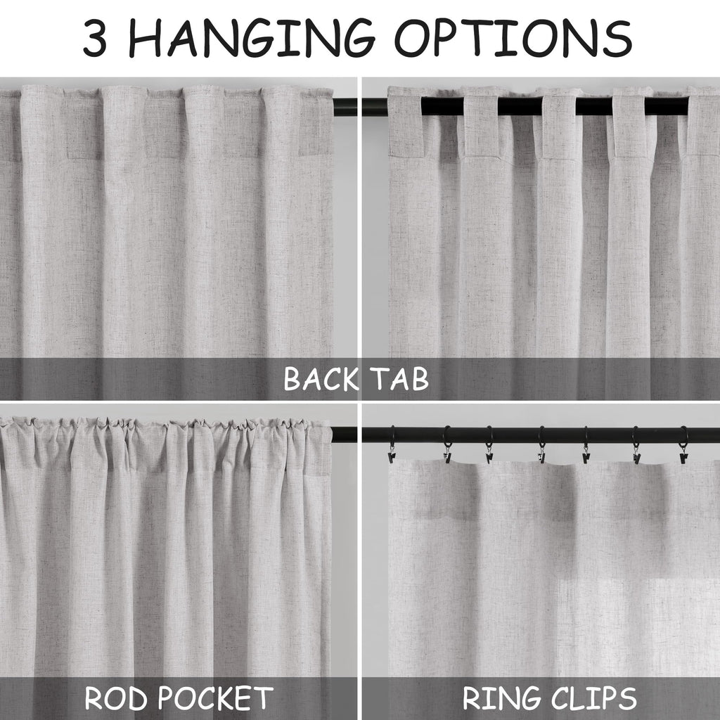 Grey Linen Back Tab Curtains 96 Inches Long 2 Panels Set Sliding Glass Door Grey Semi Sheer Curtains Light Filtering