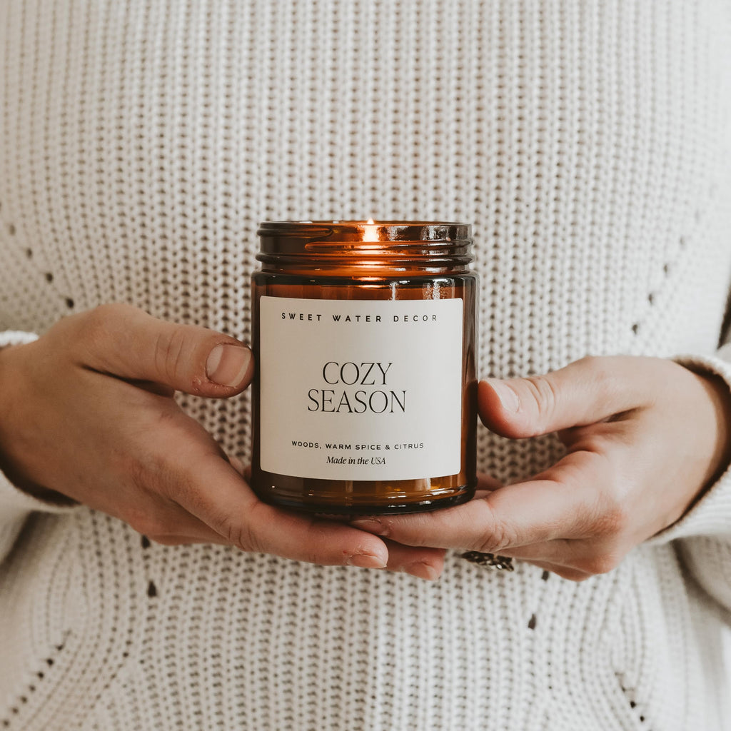 Cozy Season Fall & Winter Candle, 9oz Amber Jar Black Lid