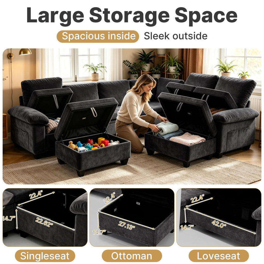 Oversized Sectional Sleeper Couch, 8 Seat Modular Sofa Pull-Out Storage Bed