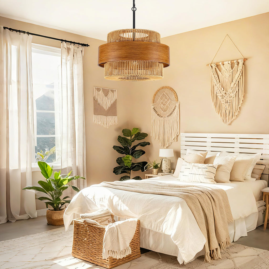 Rattan Chandelier, 5 Lights 19.68" Hand Woven Drum Boho Rattan Light Fixture