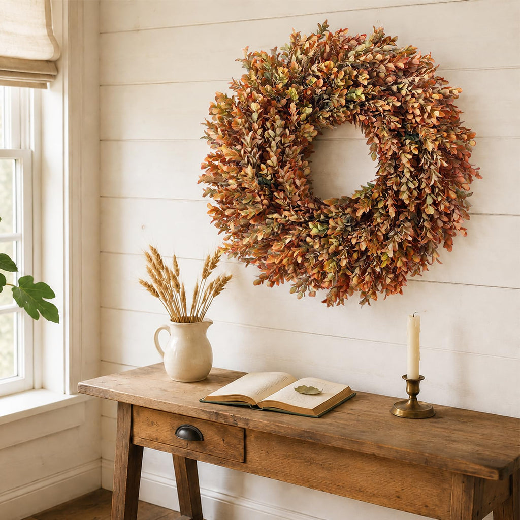 26" Artificial Fall Azalea Leaves Wreath for Front Door Decor(Orange-Green)