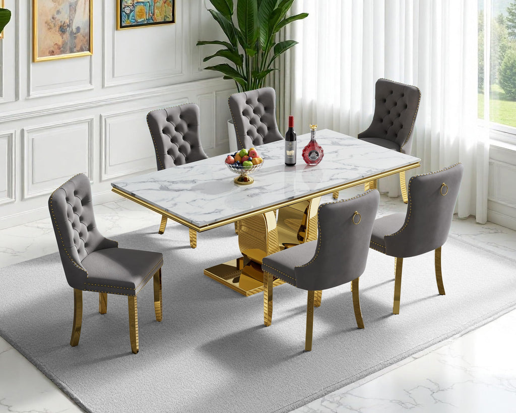 7 Piece Faux Marble Dining Table Set for 6, 70" White Gold Kitchen Table Set with U-Shape Stainless Steel Base