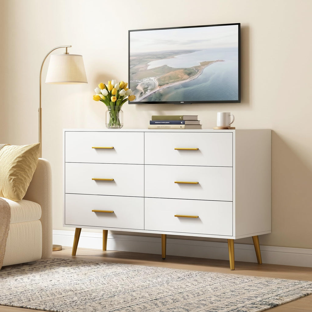 White 6 Drawer, 47" Wood with Gold Handles.