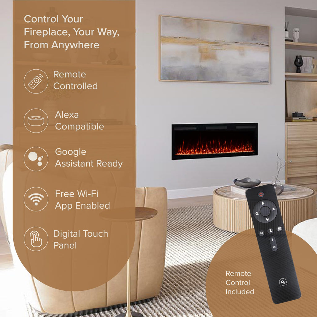 Vibrance 50 Inch Smart Linear Electric Fireplace Insert - Recessed or Wall-Mount, LED Multi-Flame Colors, Alexa/WiFi