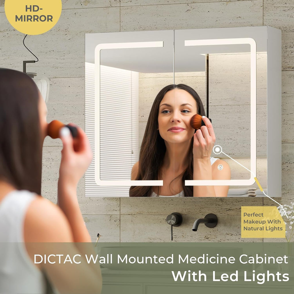 Bathroom Medicine Cabinet with Mirrors and Led Lights 27.6x23.62 inch Double Doors Wall Mounted Mirror Cabinet with