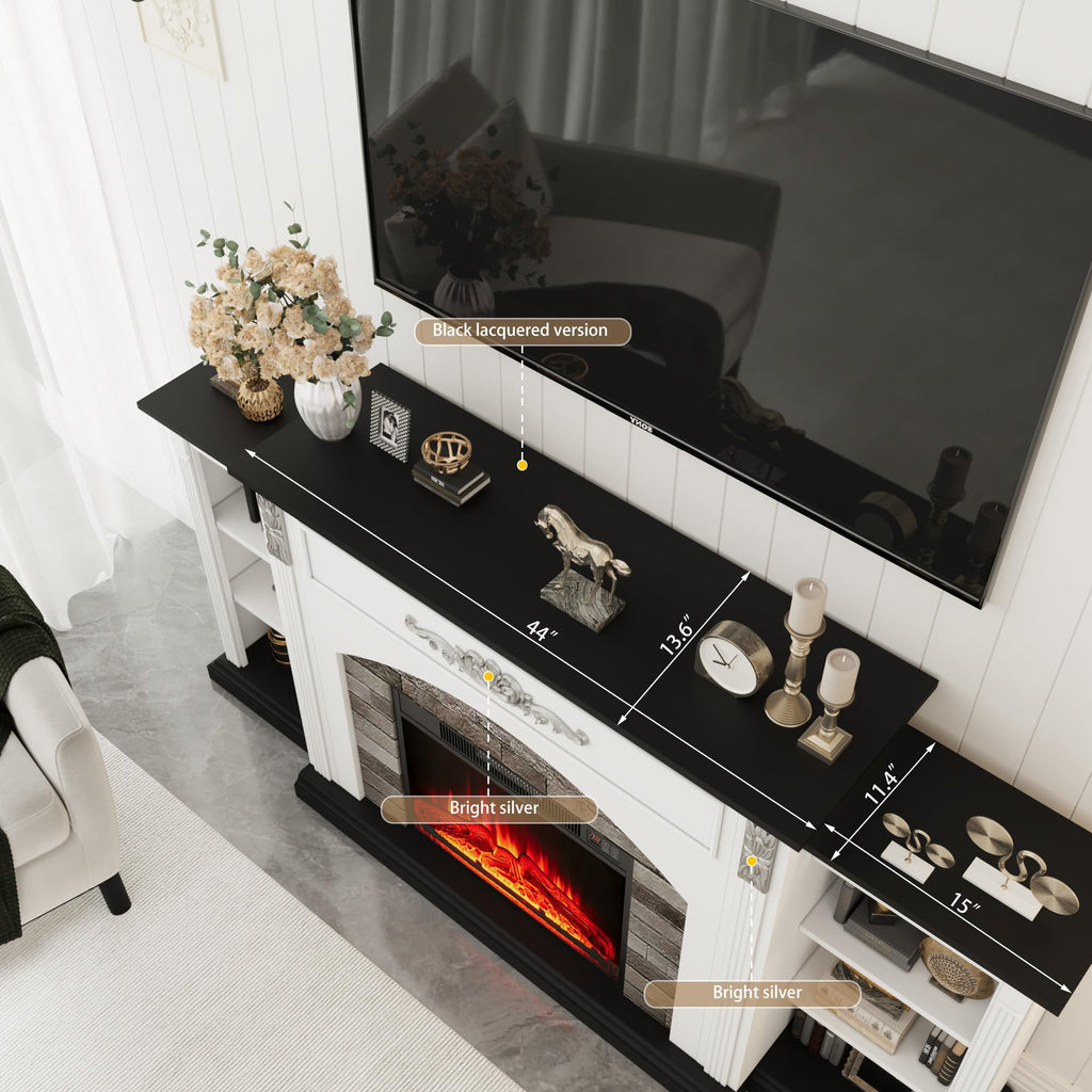 72" Electric Fireplace TV Stand with Storage, Black & White Mantel with Silver Carved Accents, Stacked Stone