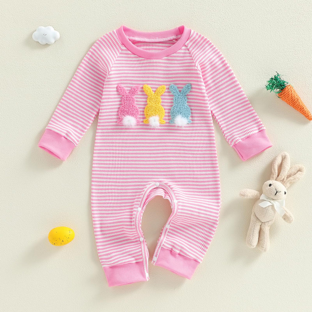 Baby Girl Easter Outfit Newborn Waffle Knit Bunny Onesie Infant Rabbit Jumpsuit Long Sleeve Romper Spring Clothes (A