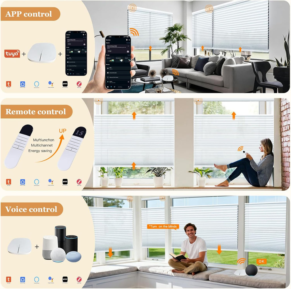 Motorized Cellular Shades Top Down Bottom Up, No Drill No Tools Installation, Compatible with Alexa & Google Home