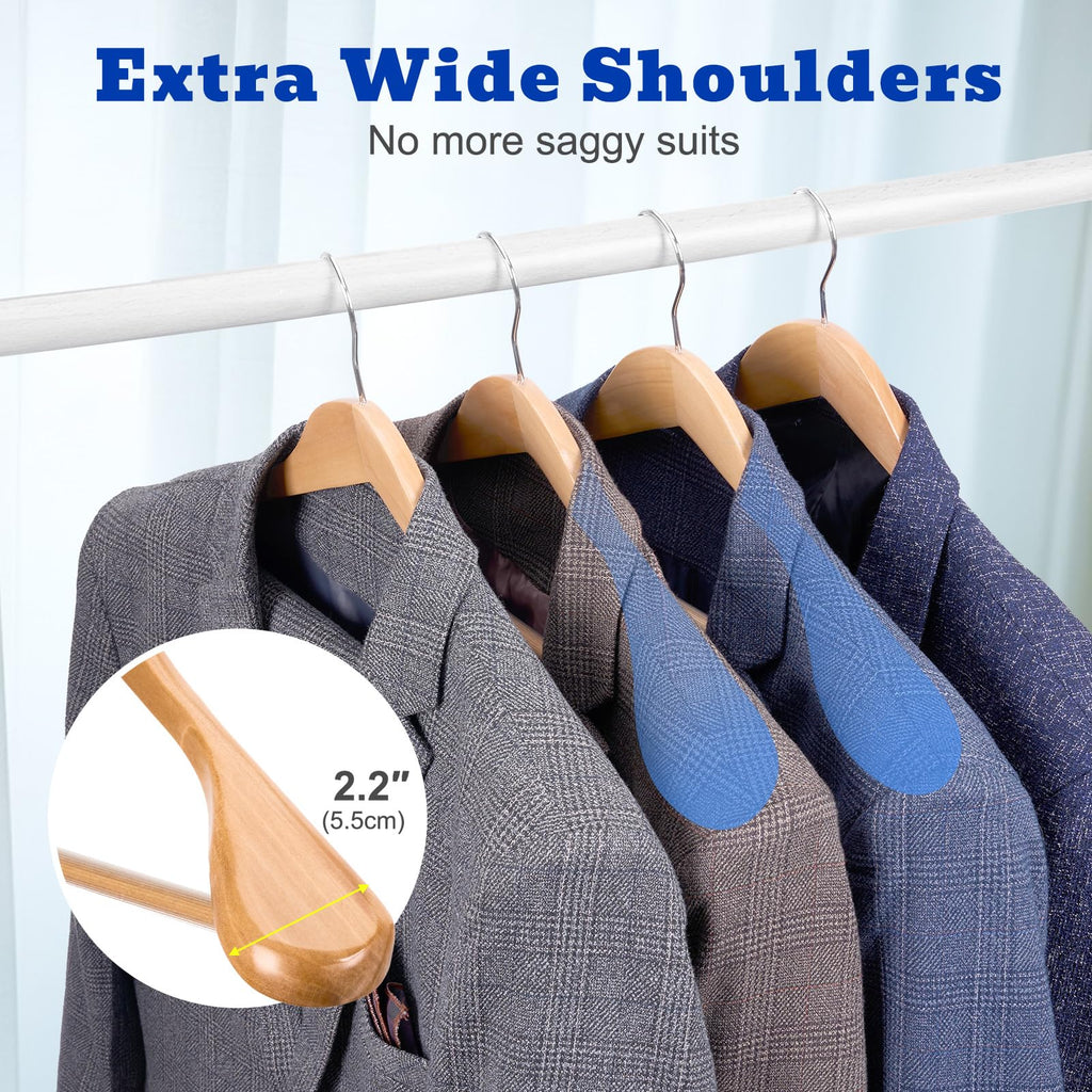 Wide Shoulder Wooden Hangers, Suit Hangers with Non Slip Pants Bar, Smooth Finish 360° Swivel Hook High-Grade Solid