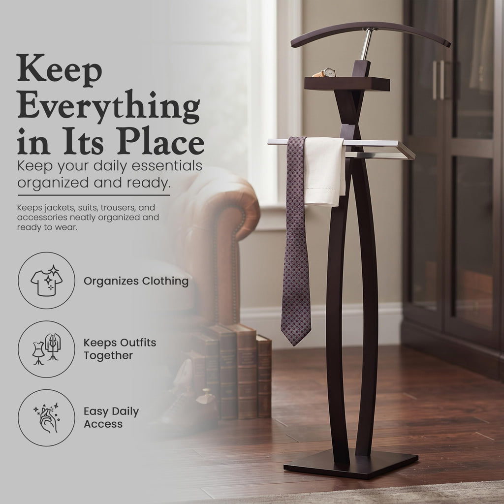 Curved Suit Rack Valet Stand, Clothes Rack, Clothing Organizer, Jacket Hanger, Chrome/Walnut