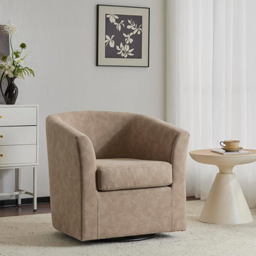 Daymian Faux Leather Swivel Club Chair, Living Room Swivel Barrel Chair with 360-Degree Rotation and Cushion, Modern