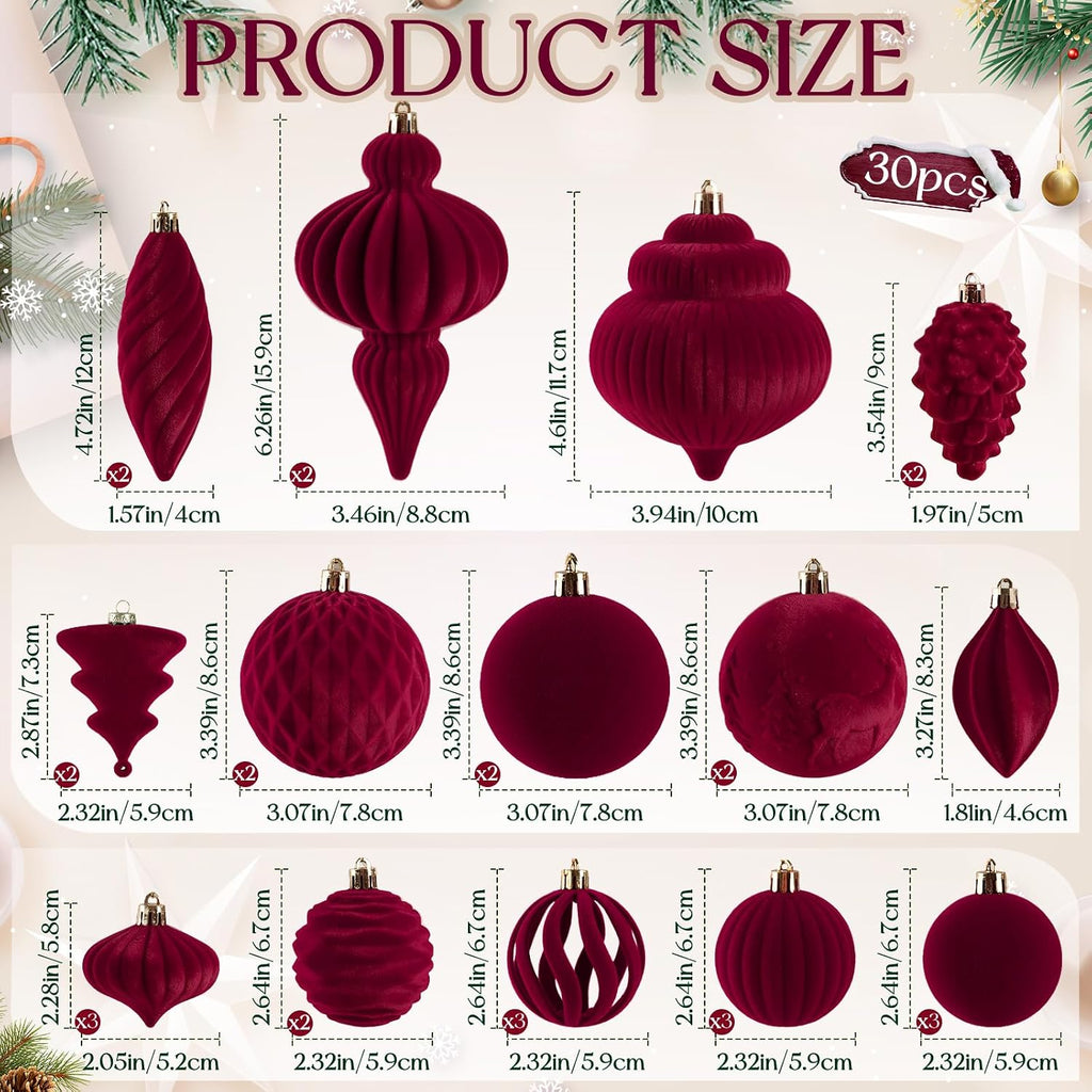 Christmas Hanging Ball Ornaments Set for Tree, Bulk, Flocked - Set of 30