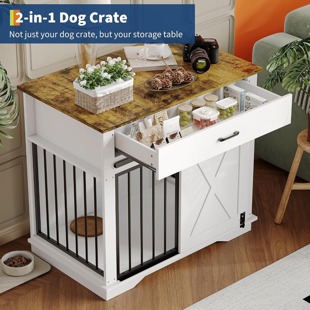Dog Crate Furniture Kennel with 2 Drawers Storage, Cabinet Wooden End Table