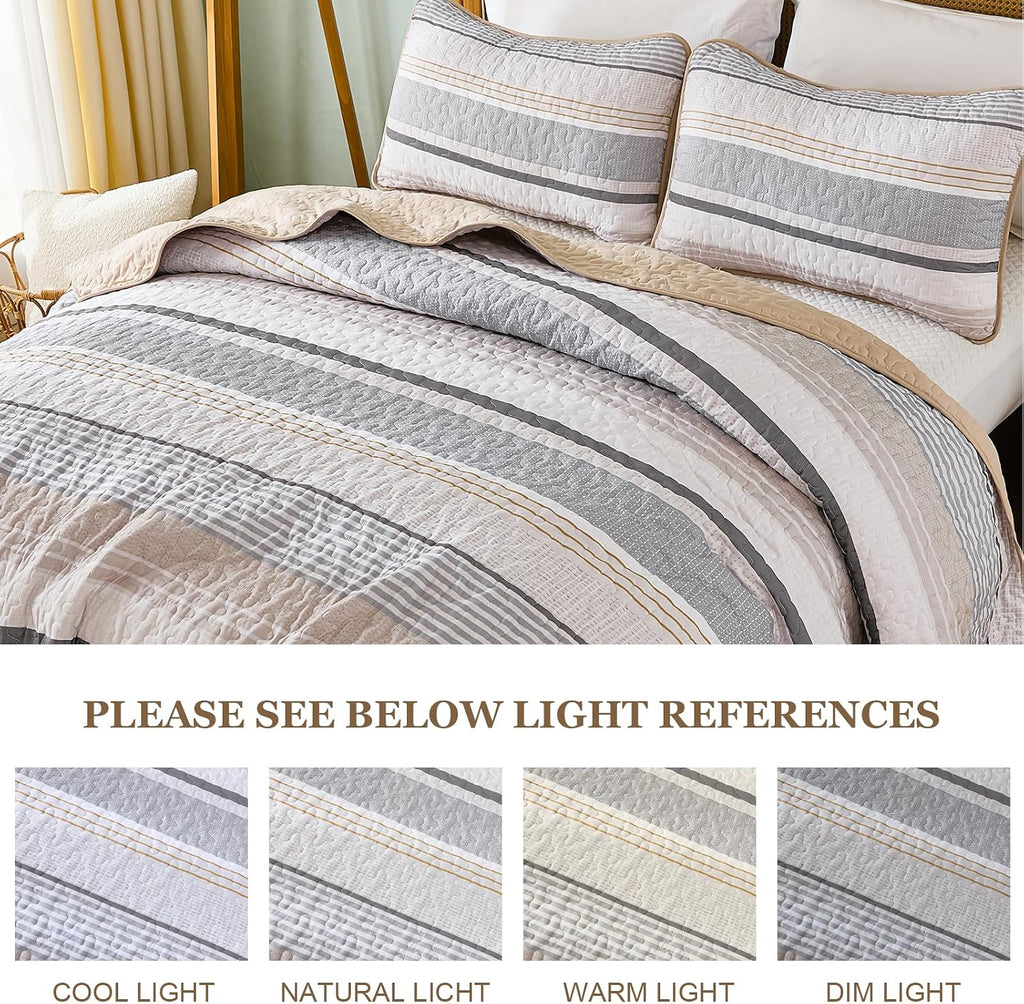 King Quilts Khaki, 3 Pieces Grey Boho Striped Bedspread Bedding for King Bed, Soft Lightweight Microfiber Bohemian