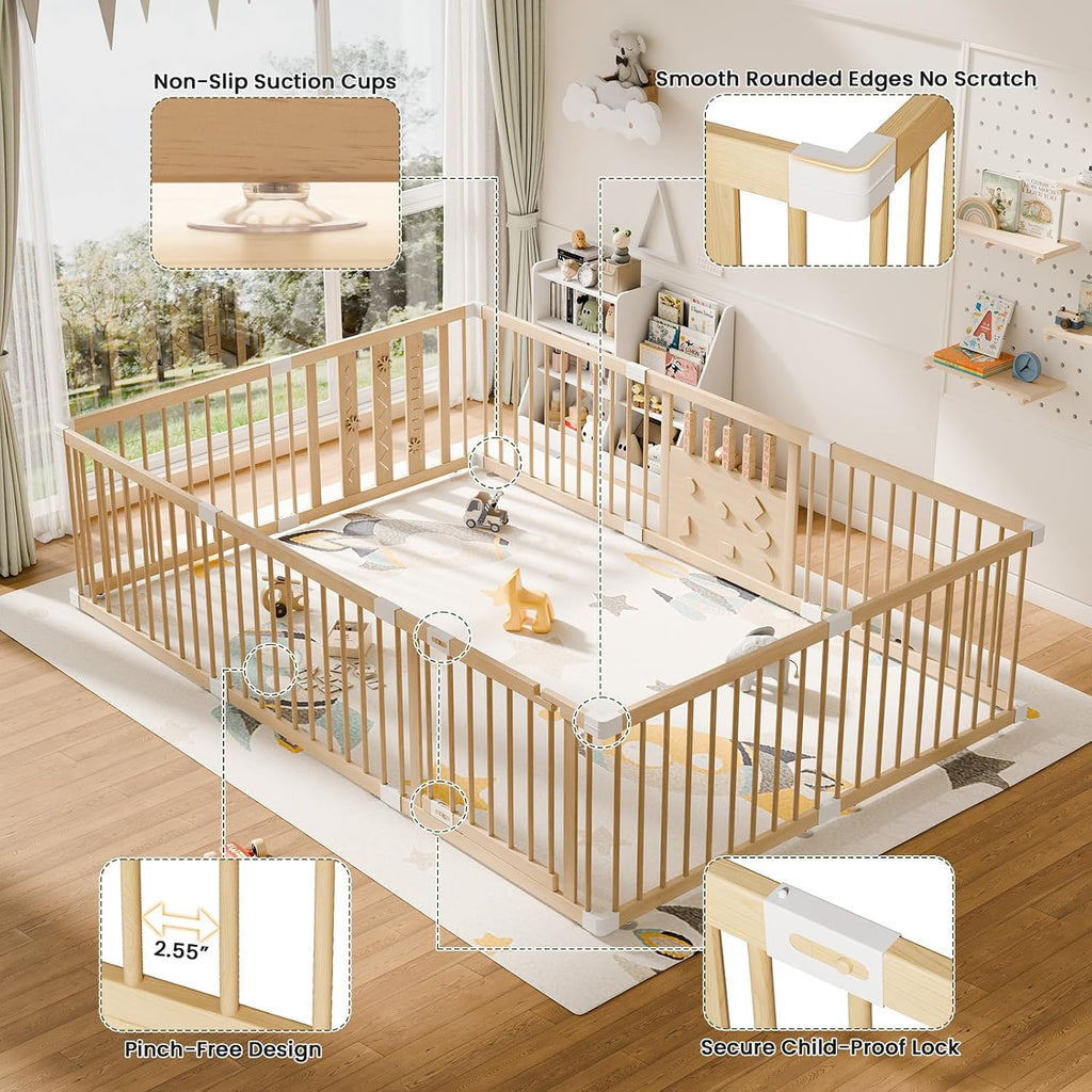 Wooden Baby Playpen with Safety Gate, 96"×64" Large Play Yard for Babies | Natural Pine Wood Playpen with Built-in