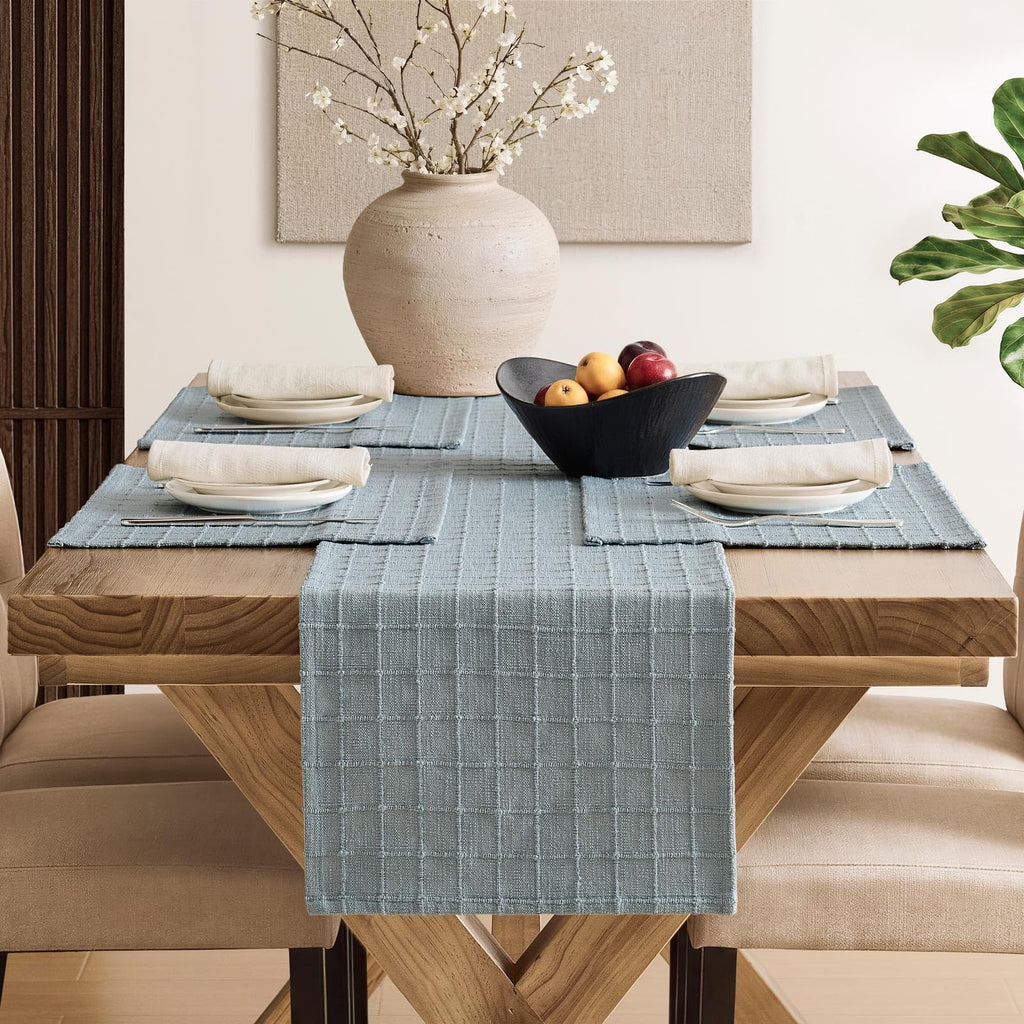 Artisanal Grid Decorative Linen Placemats Set of 6, Chambray