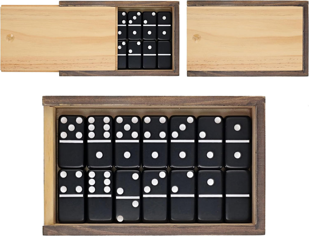 Double 6 Black Dominoes Set in Wooden Storage Case with Sliding Lid, Travel-Sized Domino Game for Adults - Set of 28