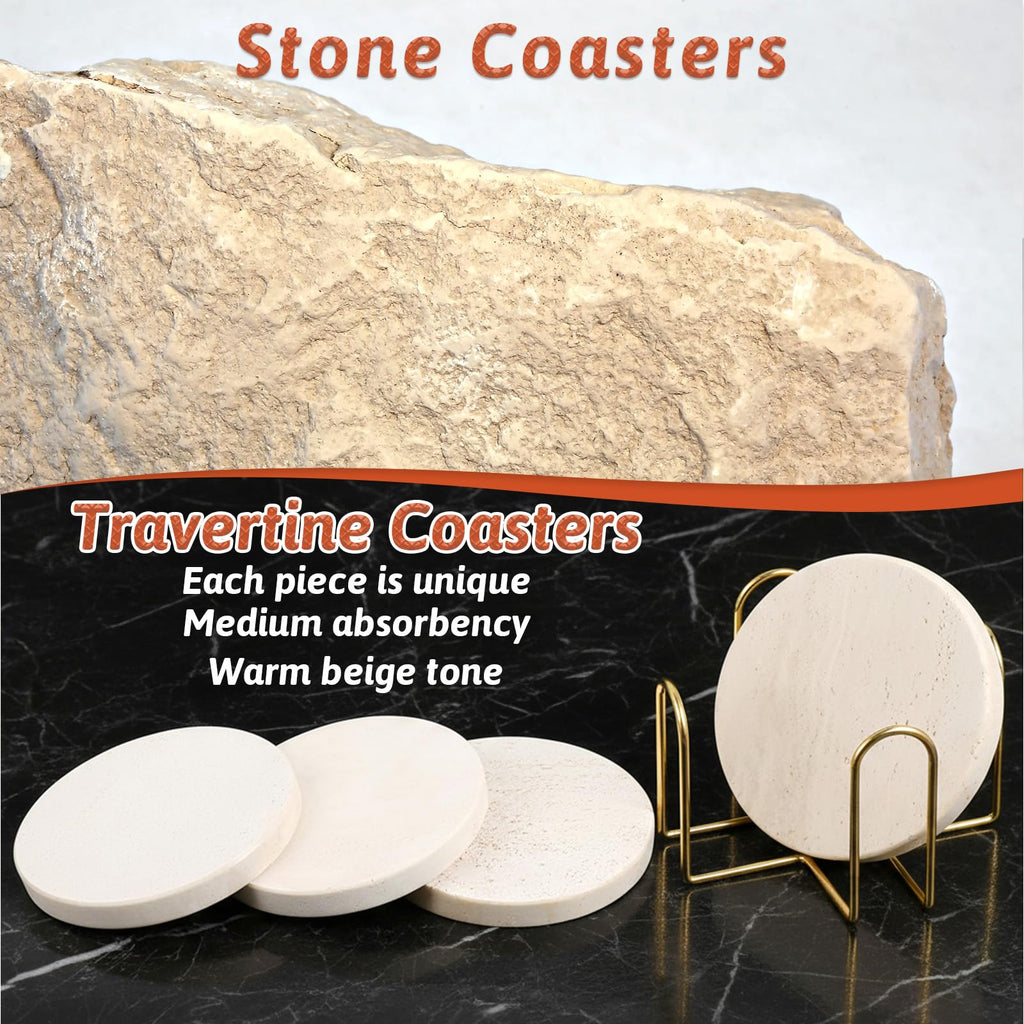 4 Pcs 4 inches Beige Travertine Coasters with Holder