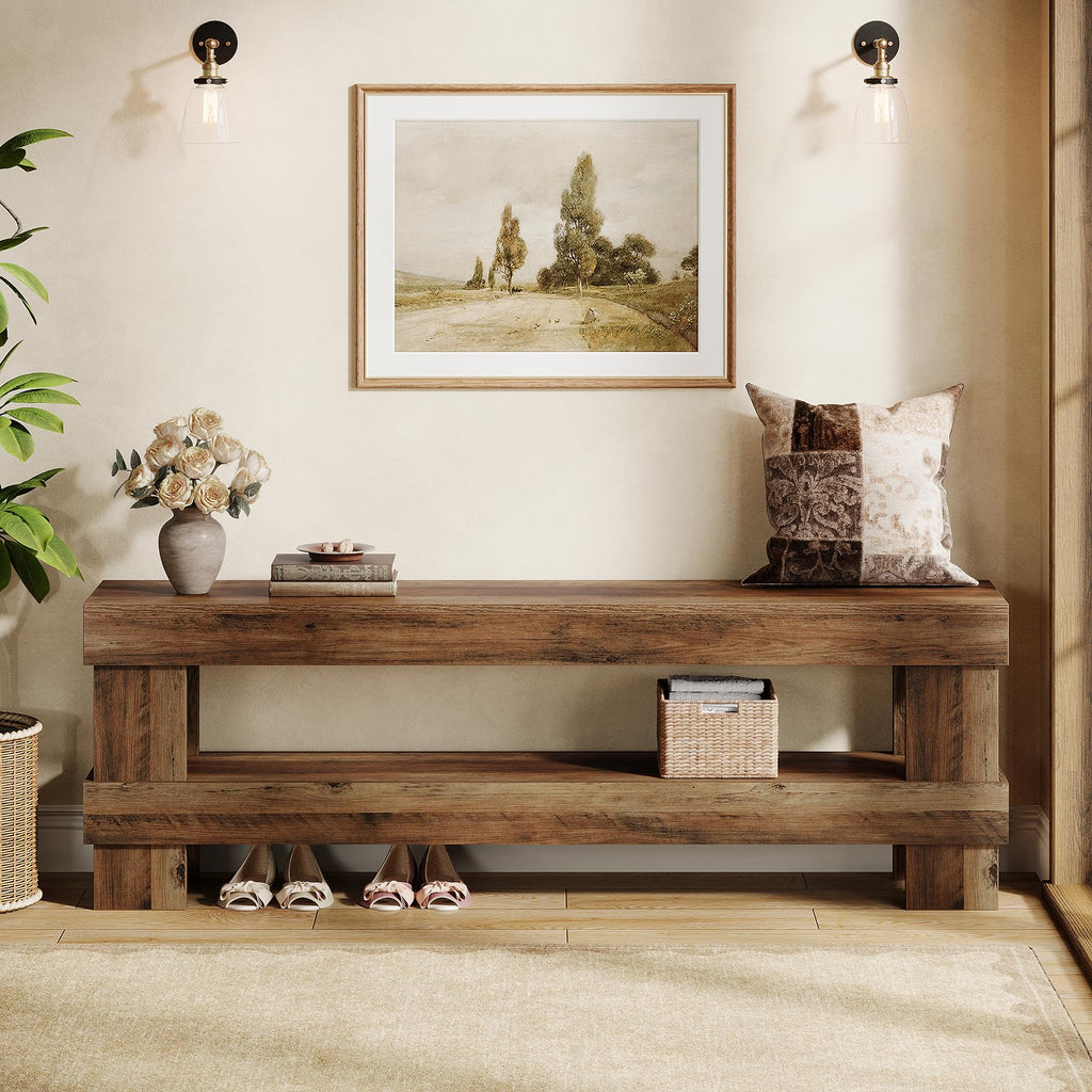 Farmhouse Entryway Bench, Rustic Brown 59-Inch Long Shoe Bench Seat with Open Storage Shelf, 2-Tier Narrow End of Bed