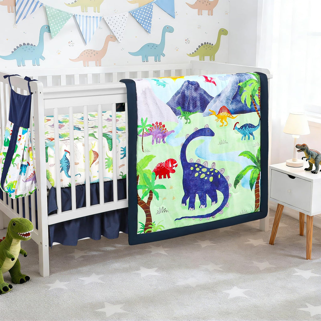 Crib Bedding Set for Baby Girls and Boys, 4 Piece Infant Nursery Bedding Sets, Baby Comforter Set for Crib, Dinosaur