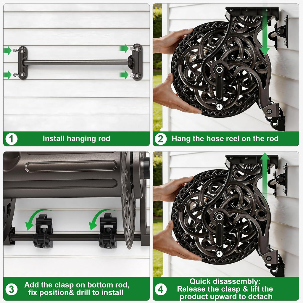 Garden Hose Reel Wall Mount Metal, Holds 125 ft x 5/8" Decorative Water Hose Holder for Outside Storage, Heavy Duty