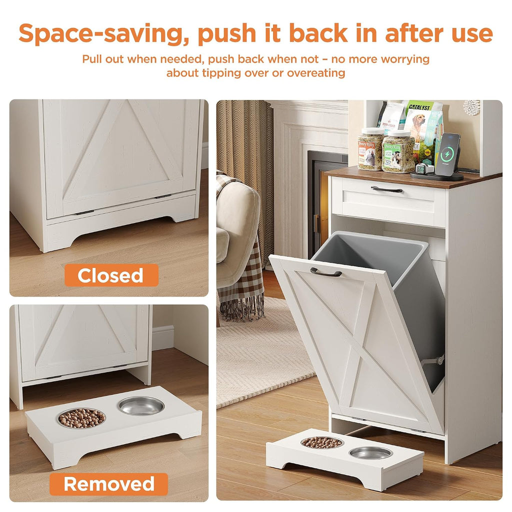 Tilt Out Trash Can Cabinet with Dog Bowl and Drawer, 13 Gallons Hidden Trash Cabinet with Charging Station, Storage