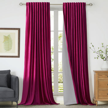 Full Blackout Hot Pink Velvet Curtains - 90 inch Long, Set of 2 Liner Rod Pocket Back Tab Thermal Window Curtains