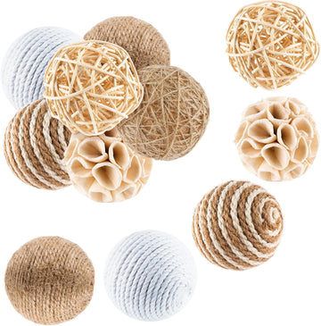 Decorative Balls for Bowls, Assorted Bowl Fillers Vase Fillers for Centerpieces, Natural Rattan Wicker Jute - Set of 12