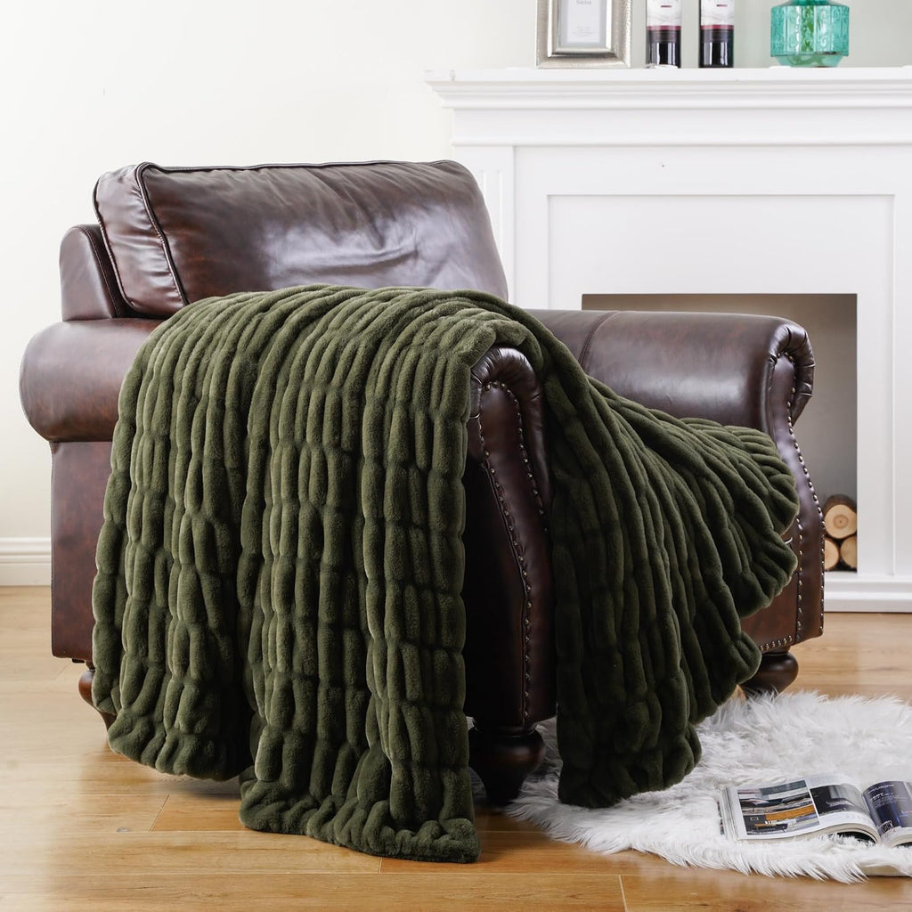 Super Soft Faux Fur Throw Blanket for Couch, 50"x60", Double Side | Olive Green Throw Blanket, Bubble Blanket, Cozy