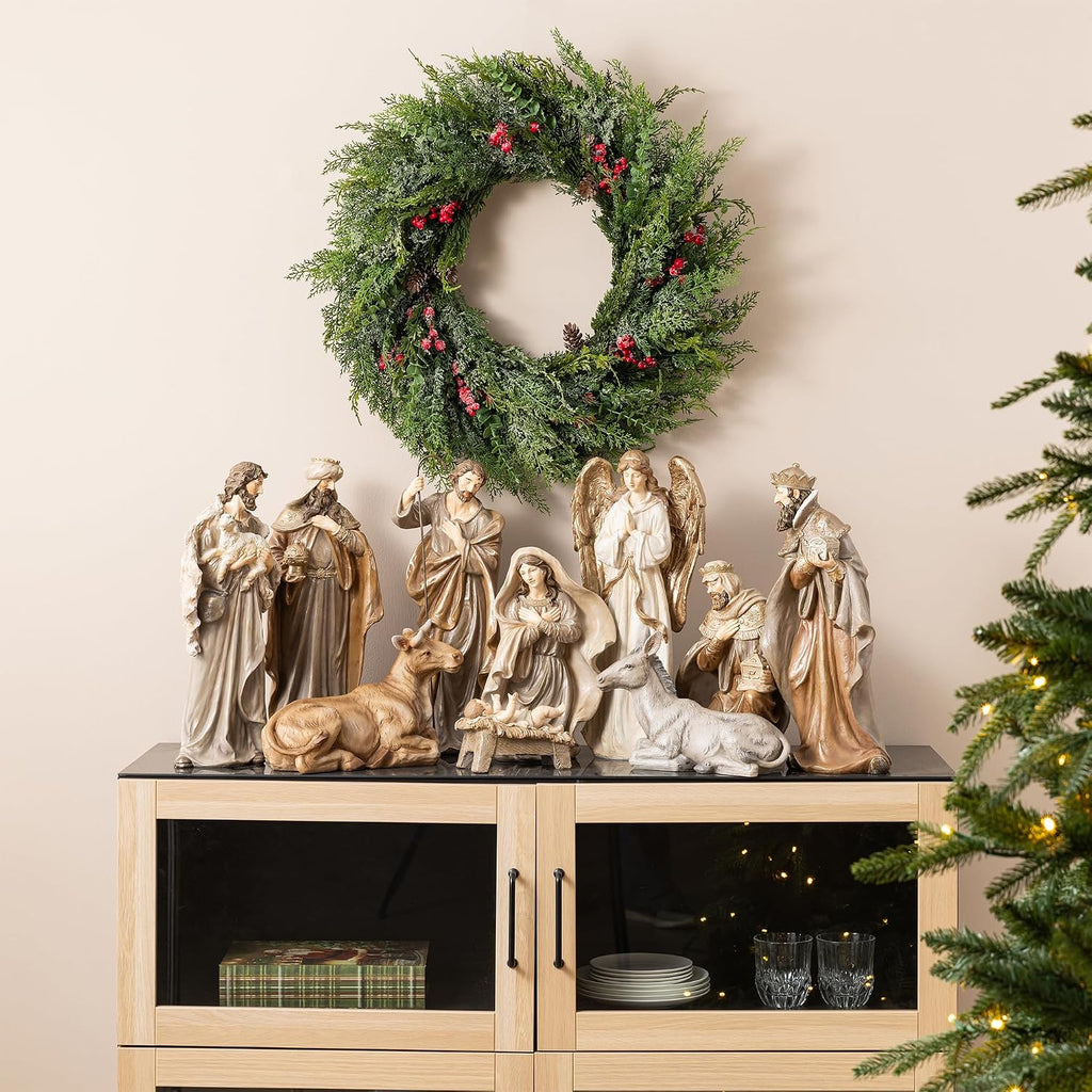 10-Piece Nativity Figurines Sets for Christmas Indoor, Oversized Brown Nativity Figurines Sets, Resin Xmas Nativity