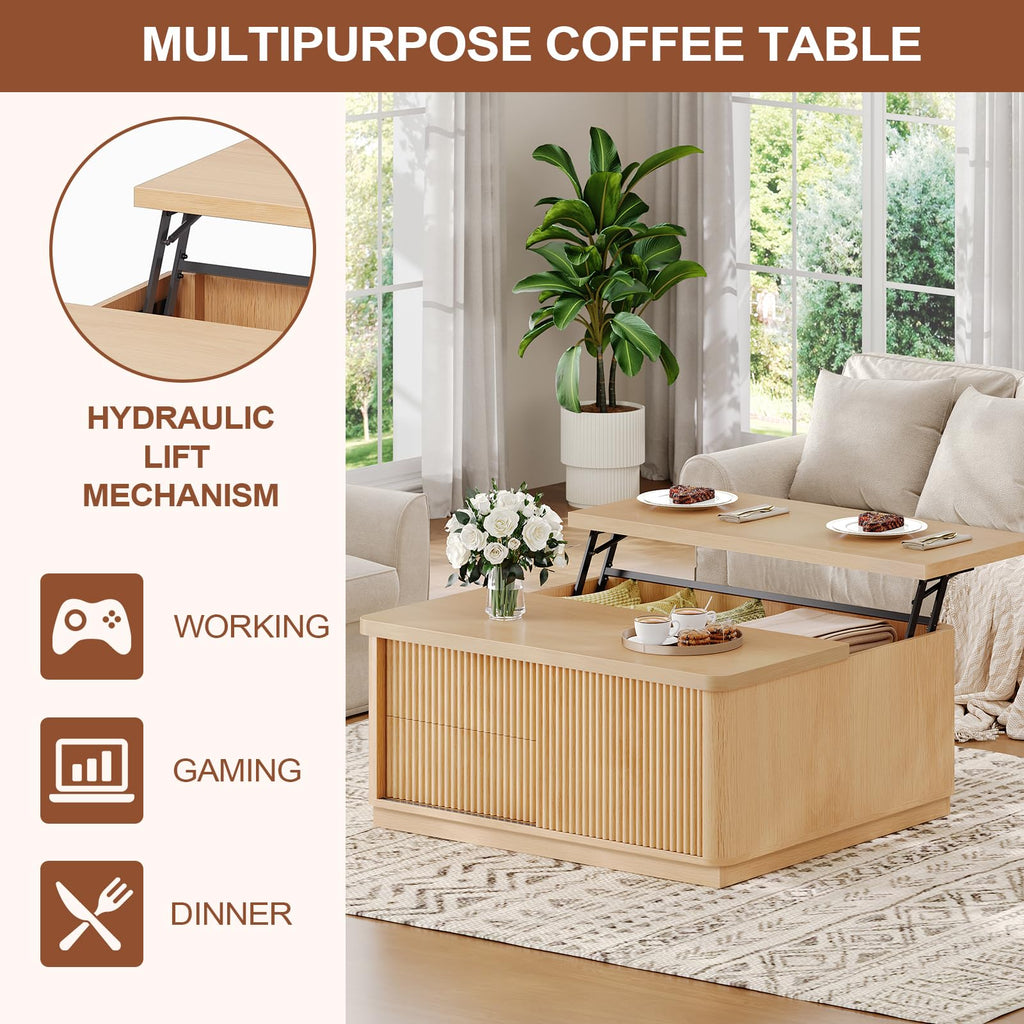 39.4'' Lift Top with Storage, Fluted Coffee Tables, Square with Large Hidden Compartment & 2 Drawrs & Adjustables