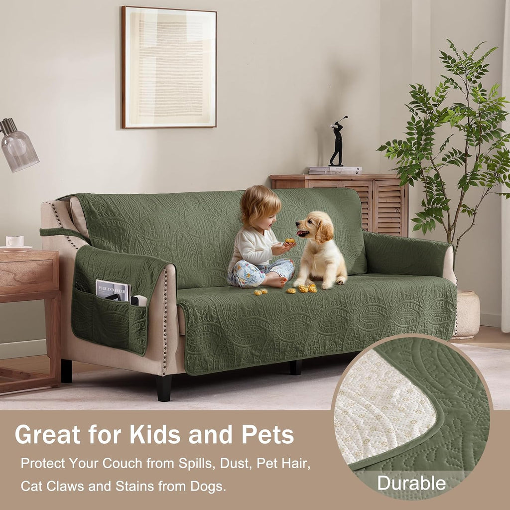 Quilted Olive Green Sofa Slipcovers with Pockets, Anti-Slip Medallion Couch Covers for 3 Cushion Sofa, Couch Cover