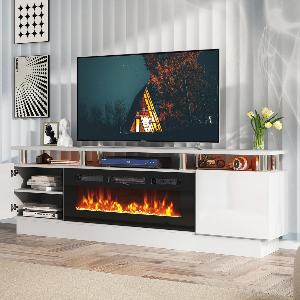 Fireplace TV Stand with 36" Electric Fireplace, 80" 2 Tier TV Console Stand for TVs Up to 90"", LED Light